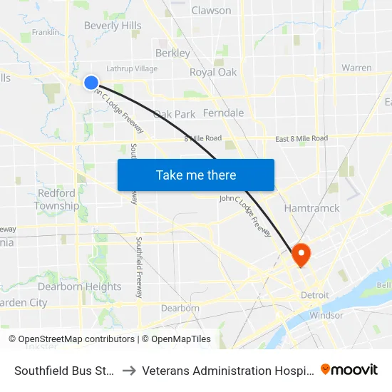 Southfield Bus Stop to Veterans Administration Hospital map