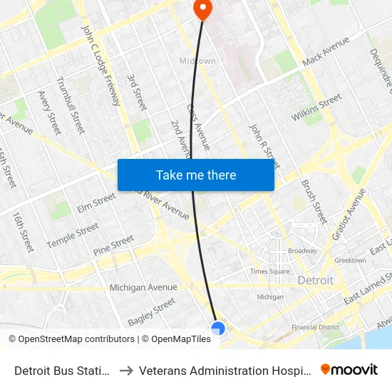 Detroit Bus Station to Veterans Administration Hospital map