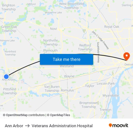 Ann Arbor to Veterans Administration Hospital map