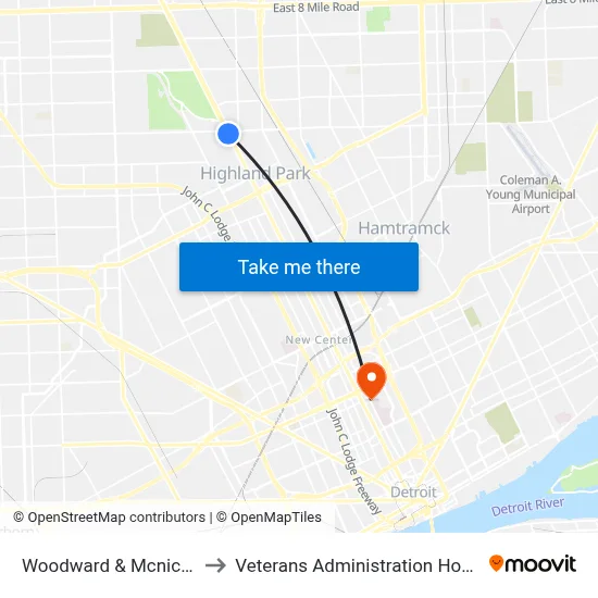 Woodward & Mcnichols to Veterans Administration Hospital map