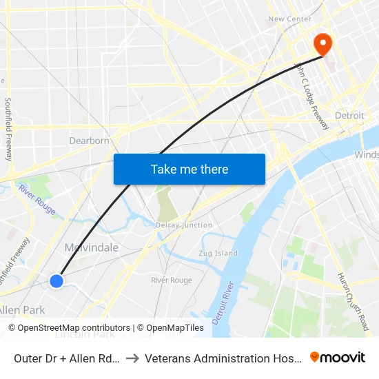 Outer Dr + Allen Rd SE to Veterans Administration Hospital map