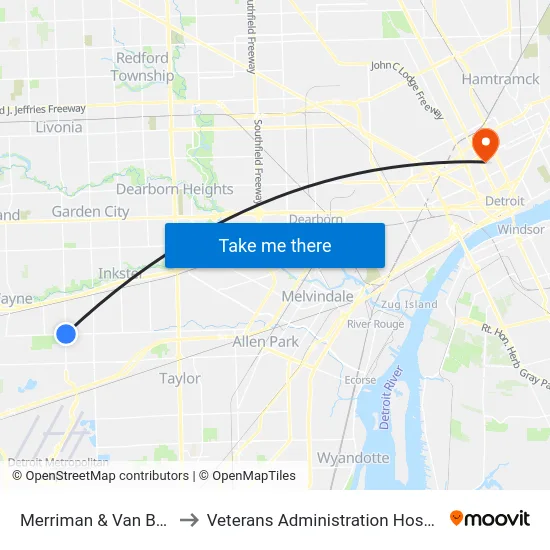 Merriman & Van Born to Veterans Administration Hospital map