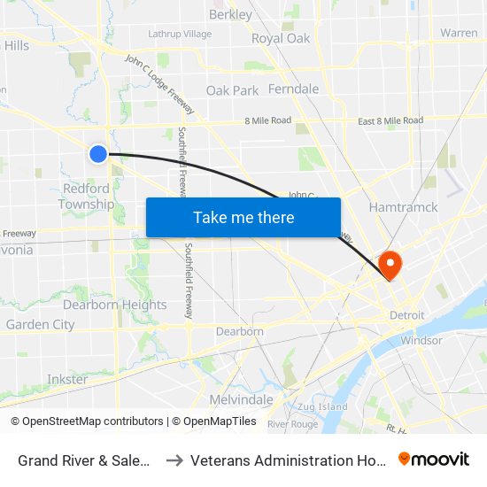 Grand River & Salem Ns to Veterans Administration Hospital map