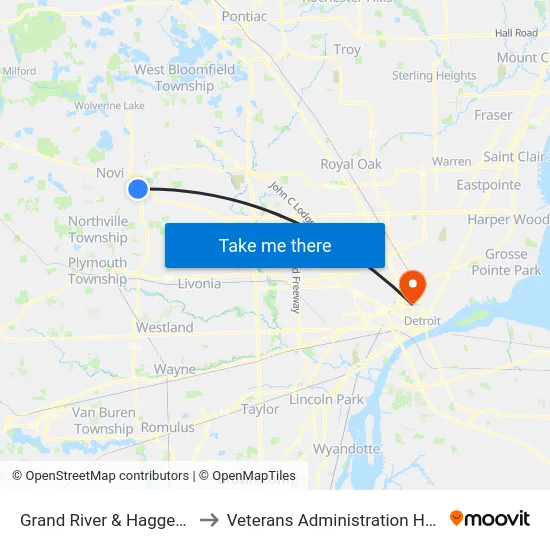 Grand River & Haggerty FS to Veterans Administration Hospital map