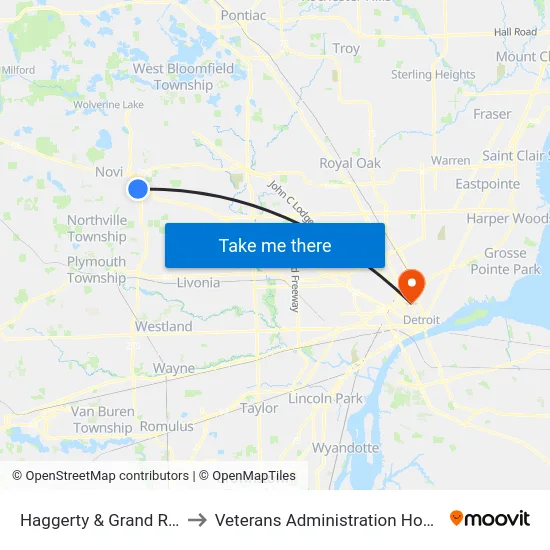 Haggerty & Grand River to Veterans Administration Hospital map