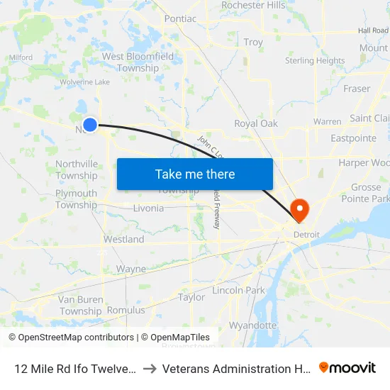 12 Mile @ Twelve Oaks to Veterans Administration Hospital map