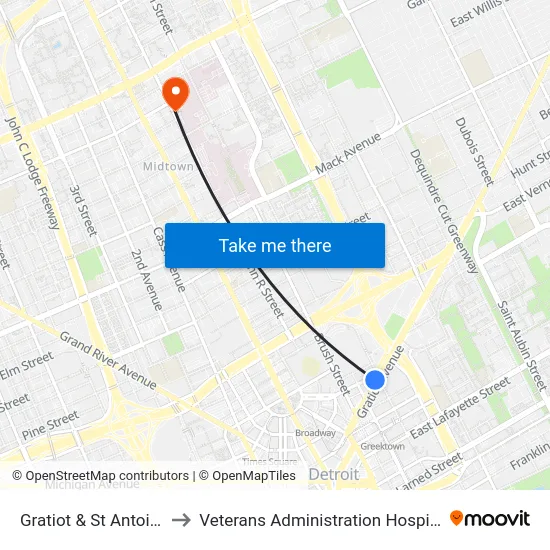 Gratiot & St Antoine to Veterans Administration Hospital map