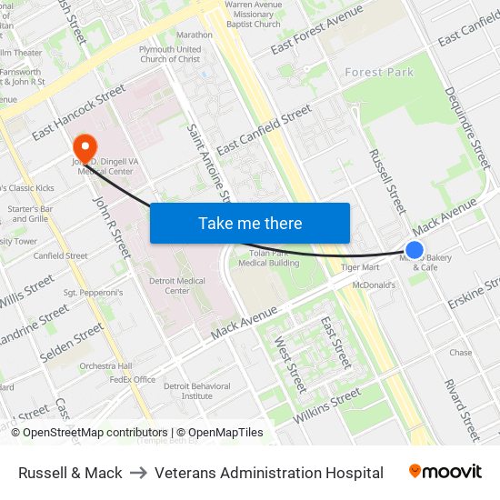 Russell & Mack to Veterans Administration Hospital map