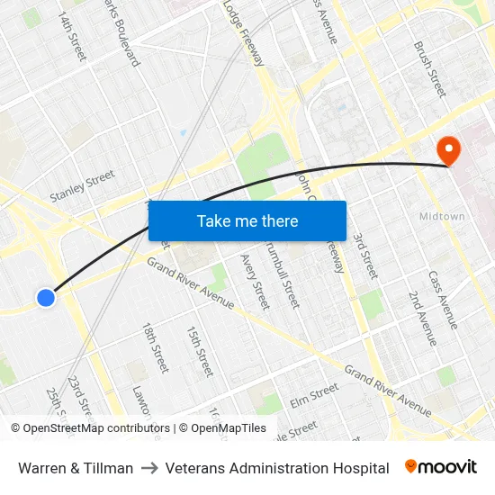 Warren & Tillman to Veterans Administration Hospital map