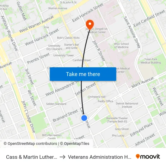 Cass & Martin Luther King to Veterans Administration Hospital map