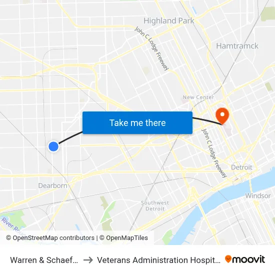 Warren & Schaefer to Veterans Administration Hospital map