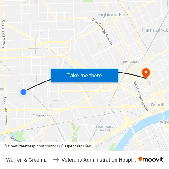 Warren & Greenfield to Veterans Administration Hospital map
