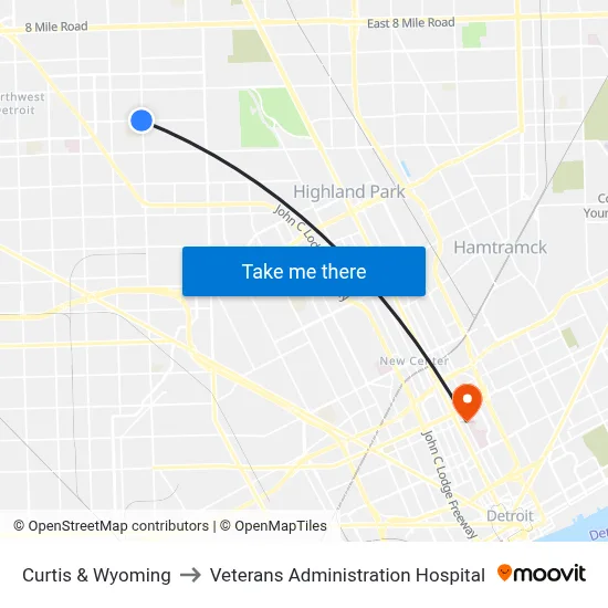 Curtis & Wyoming to Veterans Administration Hospital map