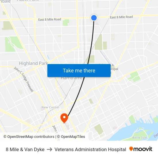 8 Mile & Van Dyke to Veterans Administration Hospital map