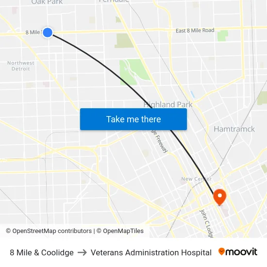 8 Mile & Coolidge to Veterans Administration Hospital map
