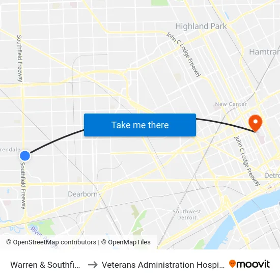 Warren & Southfield to Veterans Administration Hospital map
