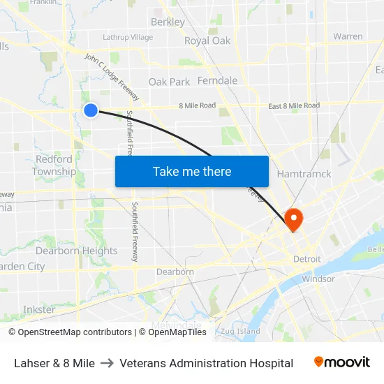 Lahser & 8 Mile to Veterans Administration Hospital map