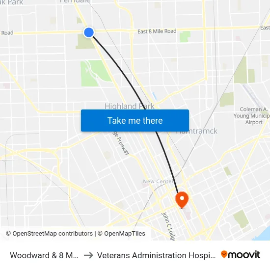 Woodward & 8 Mile to Veterans Administration Hospital map