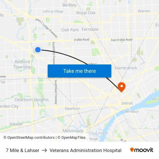 7 Mile & Lahser to Veterans Administration Hospital map