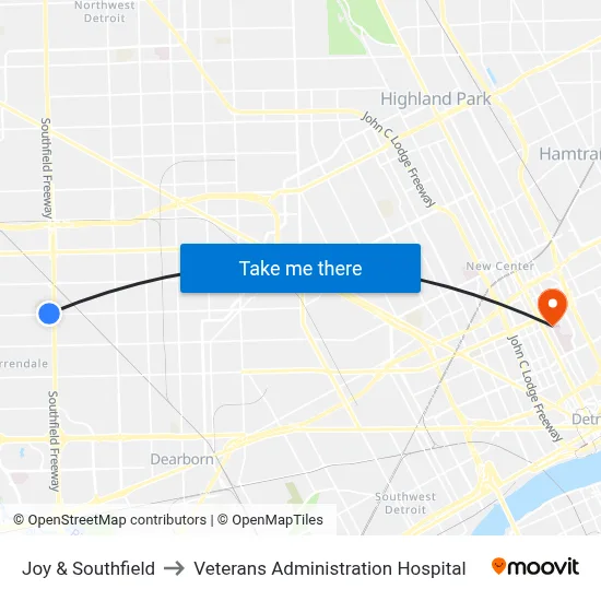 Joy & Southfield to Veterans Administration Hospital map