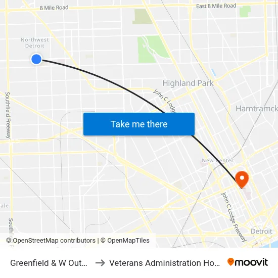 Greenfield & W Outer Dr to Veterans Administration Hospital map