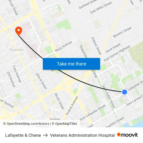 Lafayette & Chene to Veterans Administration Hospital map