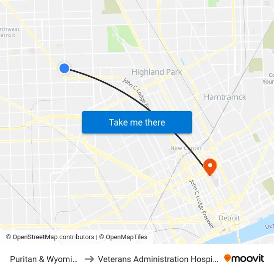 Puritan & Wyoming to Veterans Administration Hospital map