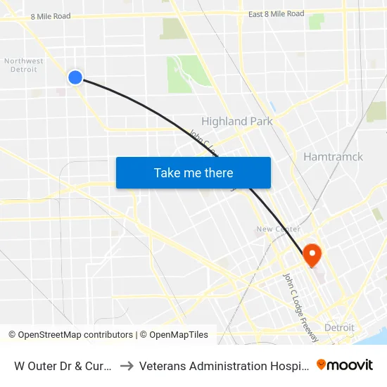 W Outer Dr & Curtis to Veterans Administration Hospital map