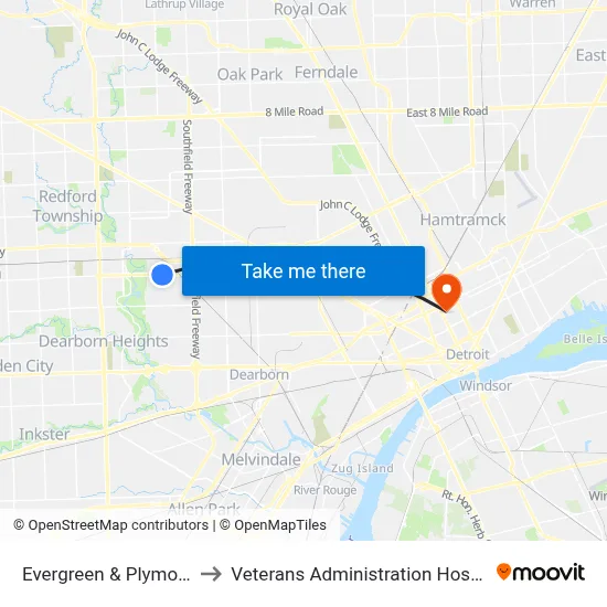 Evergreen & Plymouth to Veterans Administration Hospital map