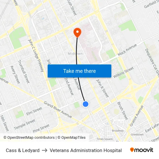 Cass & Ledyard to Veterans Administration Hospital map