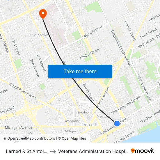 Larned & St Antoine to Veterans Administration Hospital map