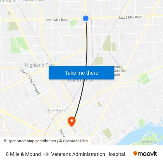 8 Mile & Mound to Veterans Administration Hospital map