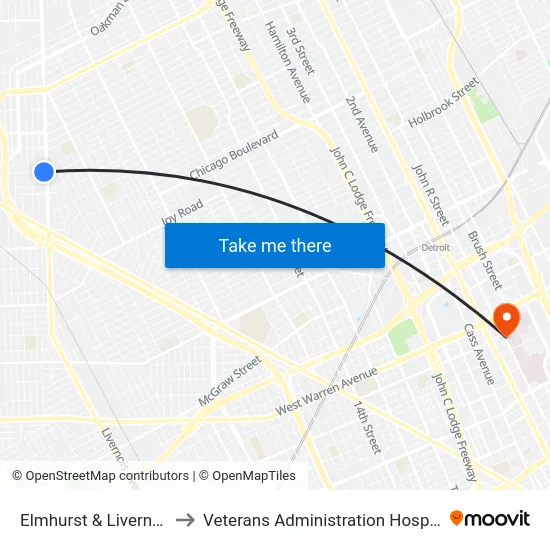 Elmhurst & Livernois to Veterans Administration Hospital map