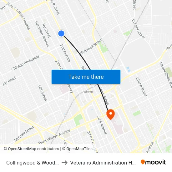 Collingwood & Woodward to Veterans Administration Hospital map