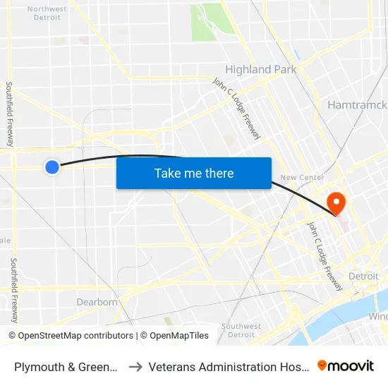 Plymouth & Greenfield to Veterans Administration Hospital map