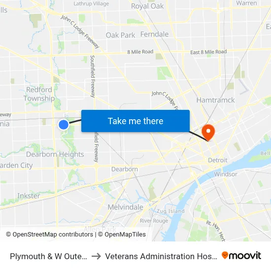 Plymouth & W Outer Dr to Veterans Administration Hospital map