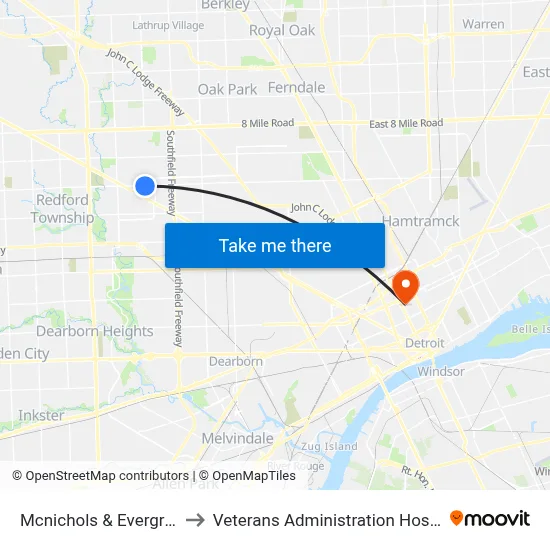 Mcnichols & Evergreen to Veterans Administration Hospital map
