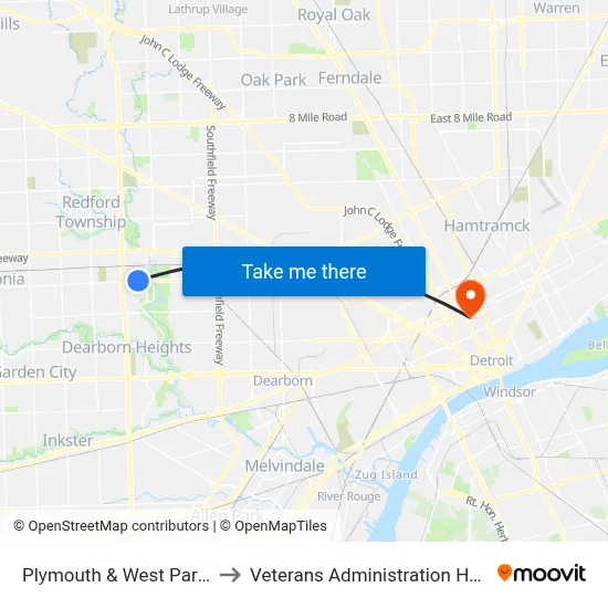 Plymouth & West Parkway to Veterans Administration Hospital map