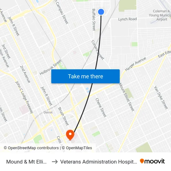 Mound & Mt Elliott to Veterans Administration Hospital map