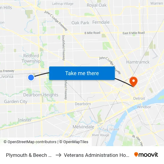 Plymouth & Beech Daly to Veterans Administration Hospital map