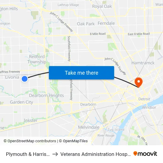 Plymouth & Harrison to Veterans Administration Hospital map