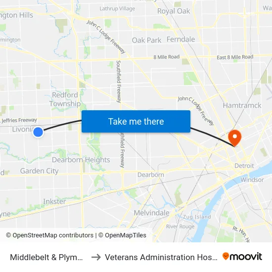 Middlebelt & Plymouth to Veterans Administration Hospital map