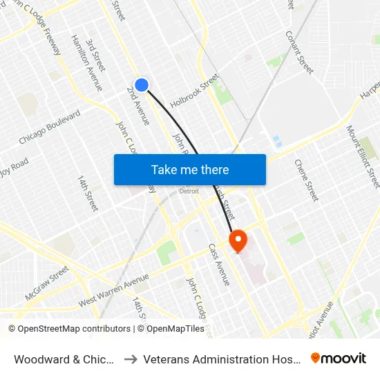 Woodward & Chicago to Veterans Administration Hospital map