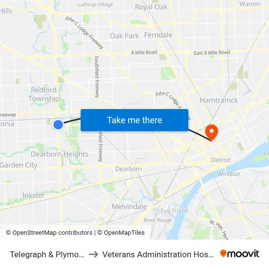 Telegraph & Plymouth to Veterans Administration Hospital map