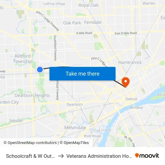 Schoolcraft & W Outer Dr to Veterans Administration Hospital map