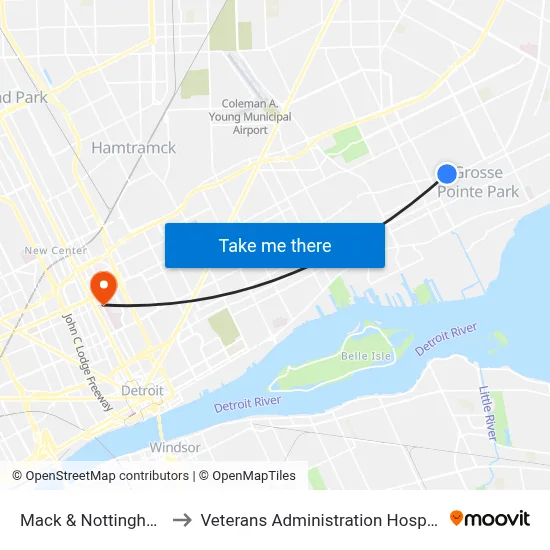 Mack & Nottingham to Veterans Administration Hospital map