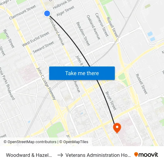 Woodward & Hazelwood to Veterans Administration Hospital map