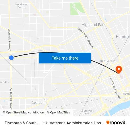 Plymouth & Southfield to Veterans Administration Hospital map