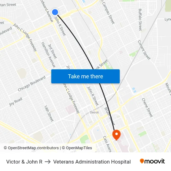 Victor & John R to Veterans Administration Hospital map