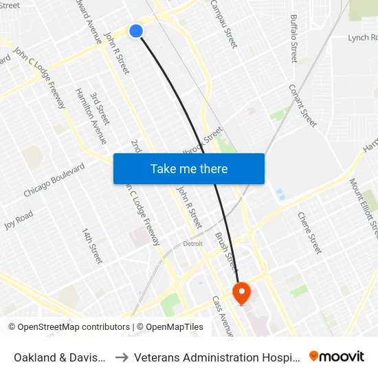 Oakland & Davison to Veterans Administration Hospital map